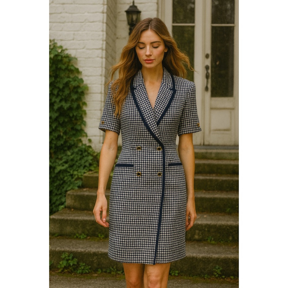 Vintage Kasper for ASL Dress Womens 14 Blue White Houndstooth Old Money Preppy